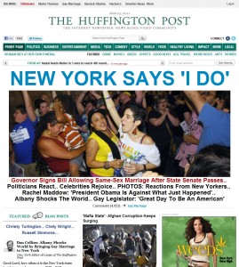 L'home page dell'Huffington Post con il titolo "New York dice 'Lo voglio'" in occasione della legge sul matrimonio tra omosessuali